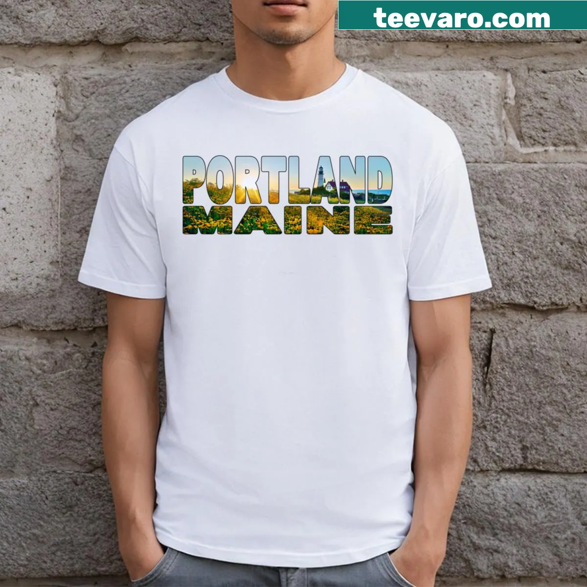 Illustrated Portland Maine lighthouse t-shirt — on a men's t-shirt