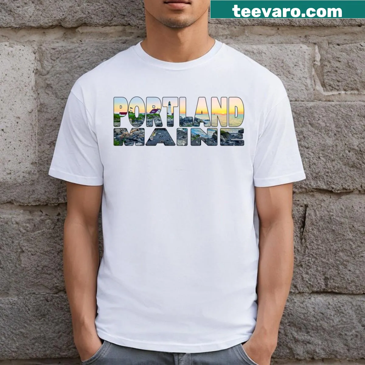 Illustrated Portland Maine lighthouse t-shirt at sunrise — on a men's t-shirt