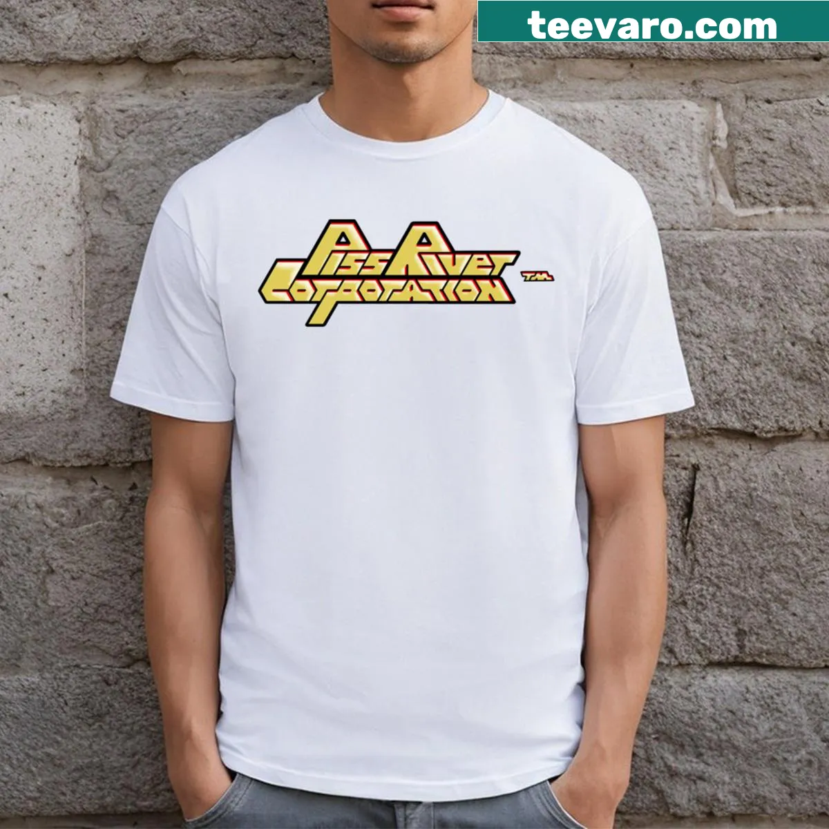 Retro logo design T-shirt with bold typography — on a men's t-shirt