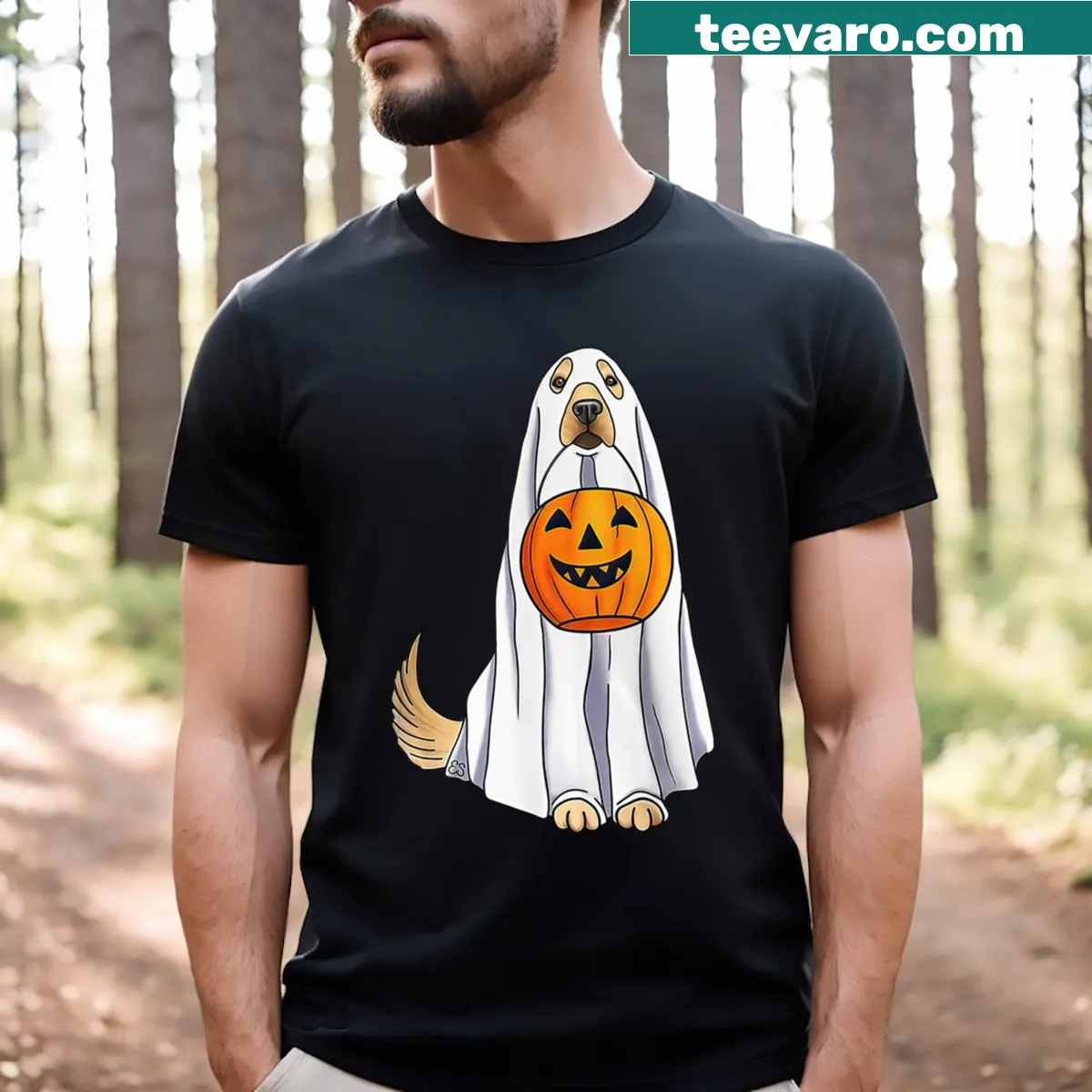 Cartoon dog dressed as a ghost among pumpkins — on a men's t-shirt