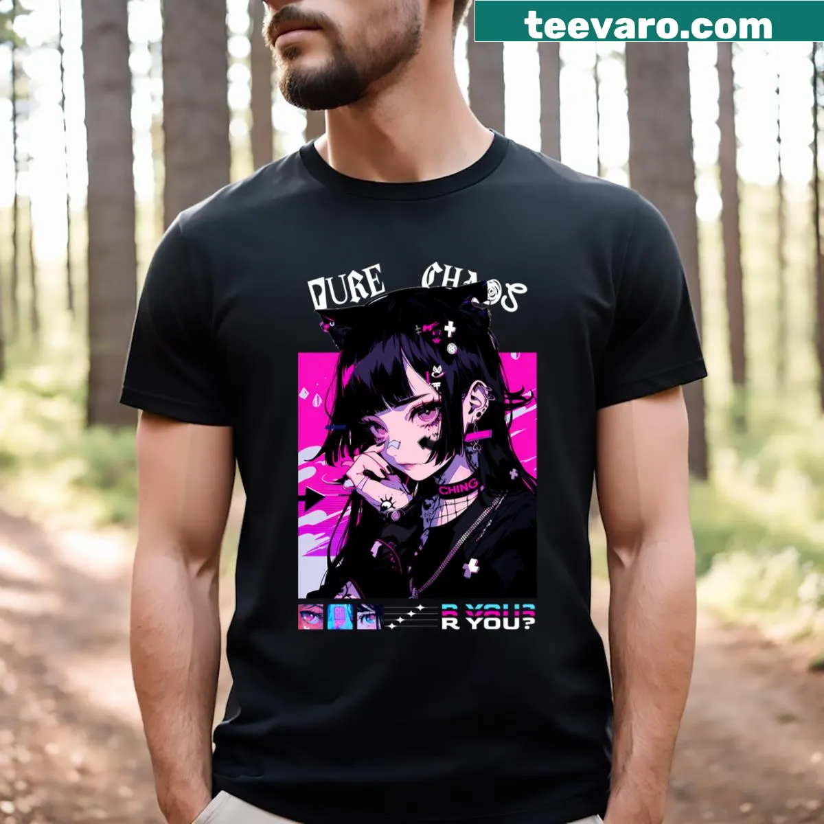 Dynamic chaos-themed anime design T-shirt — on a men's t-shirt