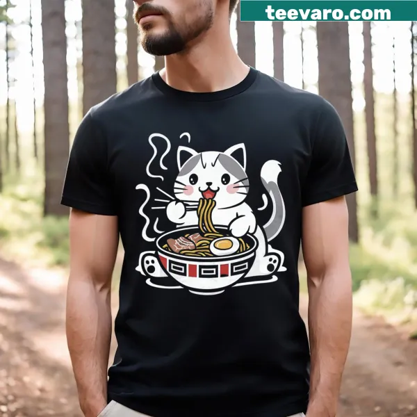 Cute cat eating ramen in kawaii style on a t-shirt