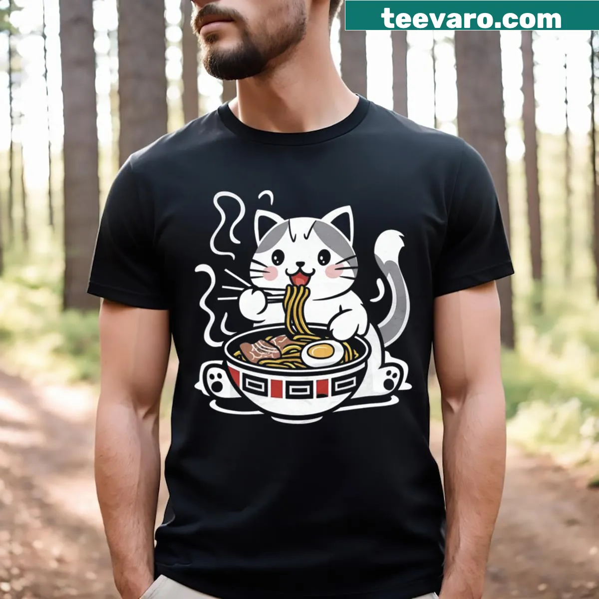 Cute cat eating ramen in kawaii style on a t-shirt — on a men's t-shirt