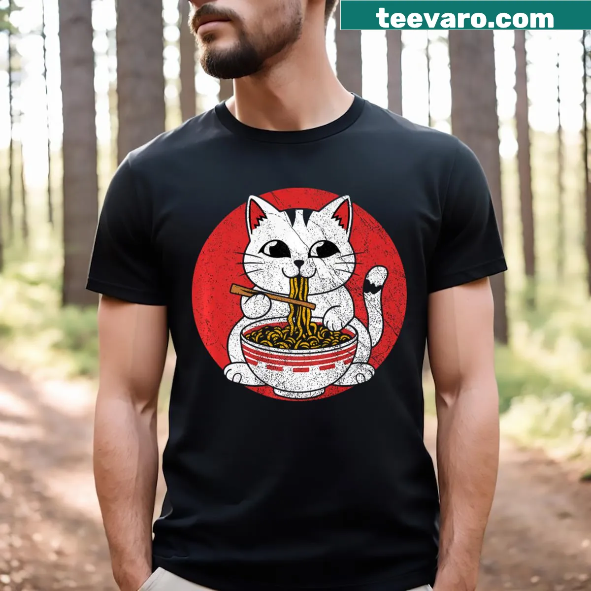 Cartoon t-shirt featuring a cat enjoying ramen — on a men's t-shirt