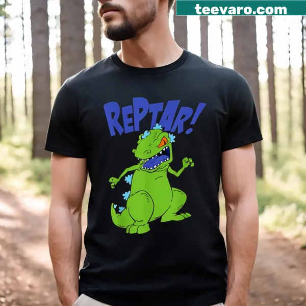 Reptar from Rugrats in a dynamic pose with 'Bang' text on T-shirt