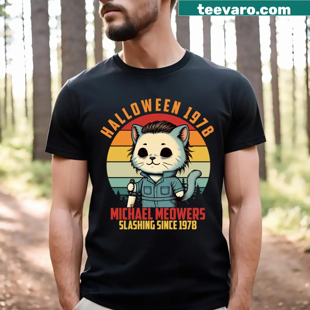 Funny Halloween t-shirt with retro cat design — on a men's t-shirt