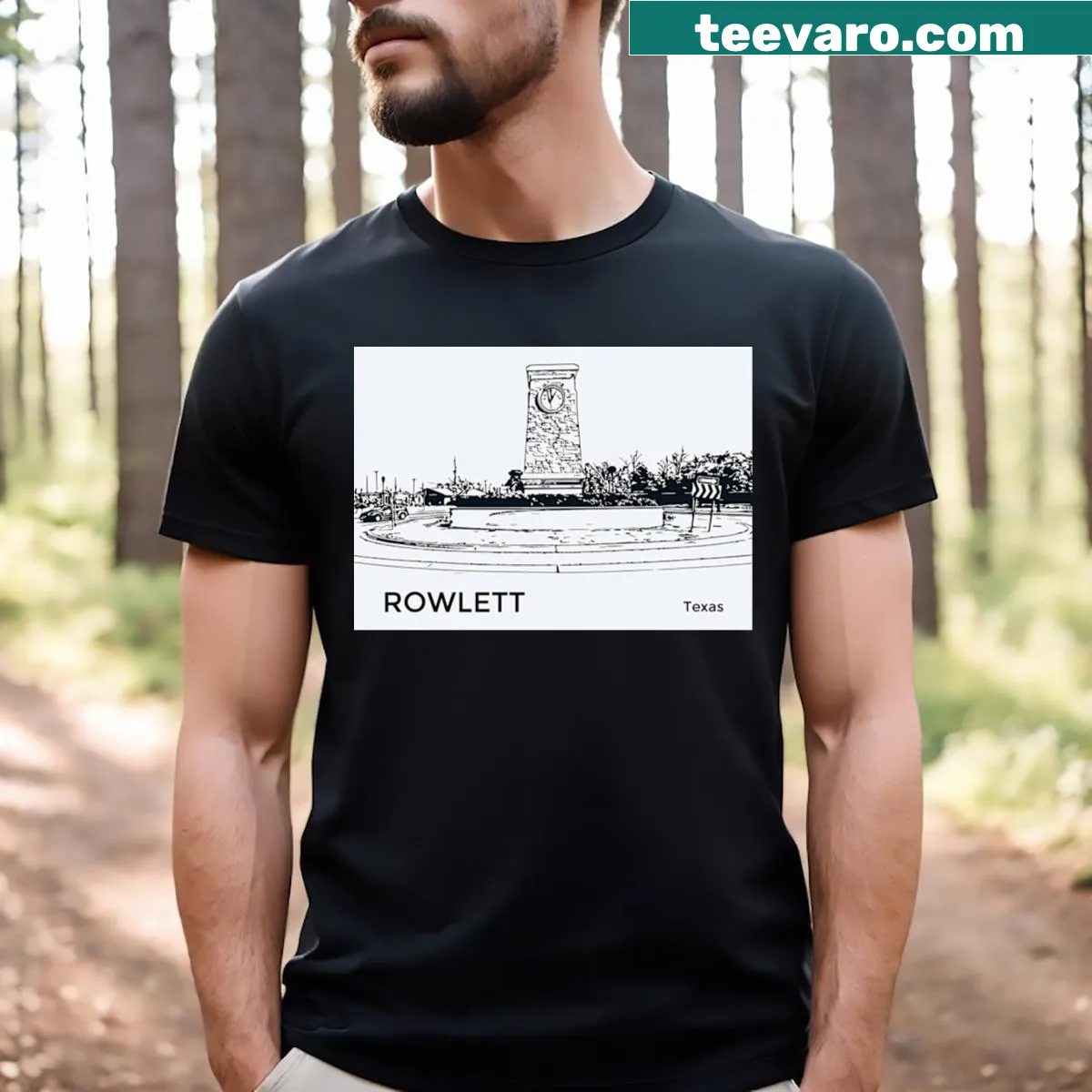 Illustrated T-shirt representing Rowlett Texas — on a men's t-shirt