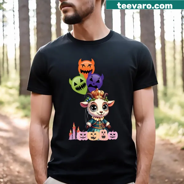 Whimsical Halloween Goat Princess T-shirt with a crown and cape illustration