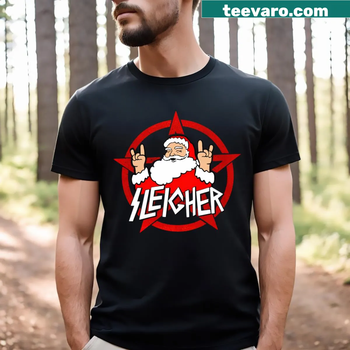 Cartoon Santa on a sleigh, designed for metalheads at Christmas — on a men's t-shirt