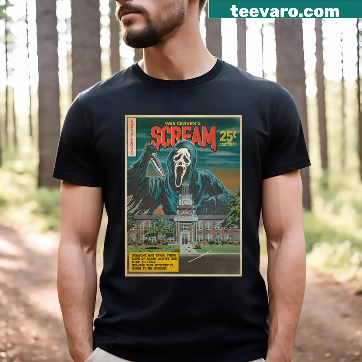 Retro Scream movie graphic T-shirt for horror fans — on a men's t-shirt
