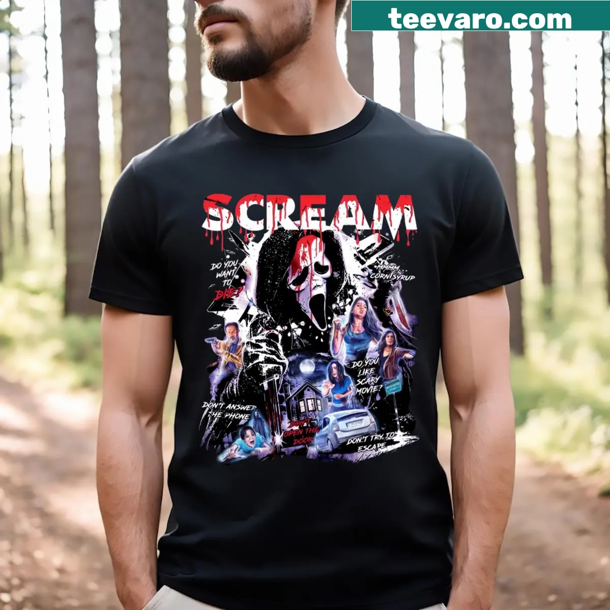 Iconic imagery from Scream films on a T-shirt — on a men's t-shirt