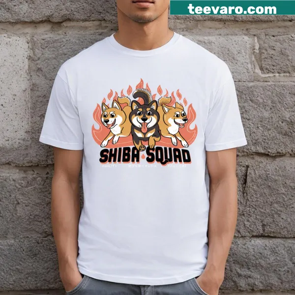 Cute T-shirt featuring cartoon Shiba Inu dogs in a playful design.