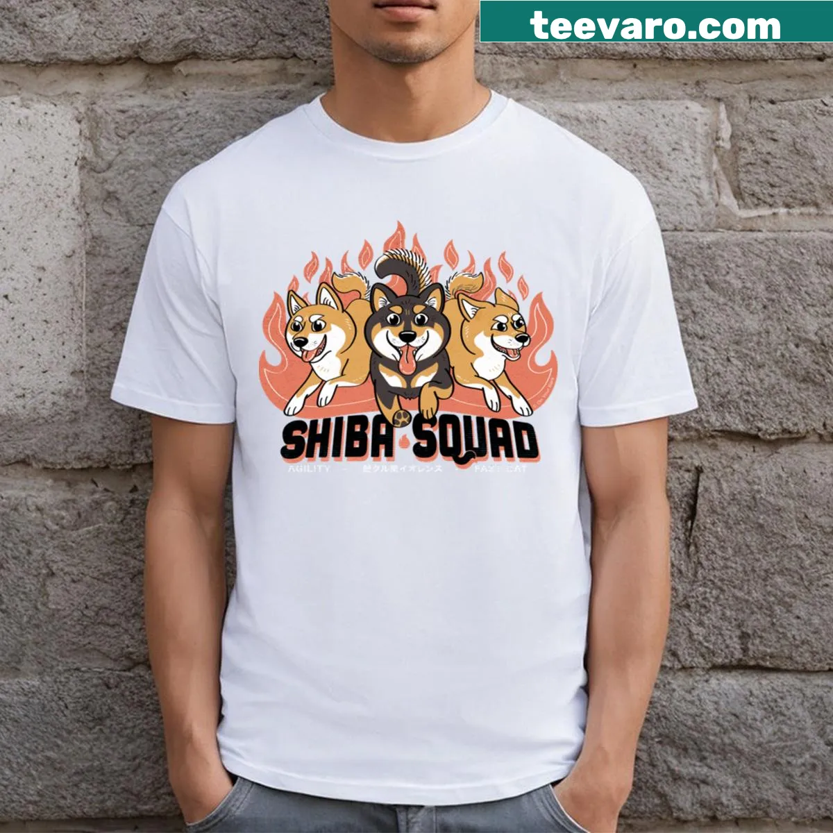 Cute T-shirt featuring cartoon Shiba Inu dogs in a playful design. — on a men's t-shirt