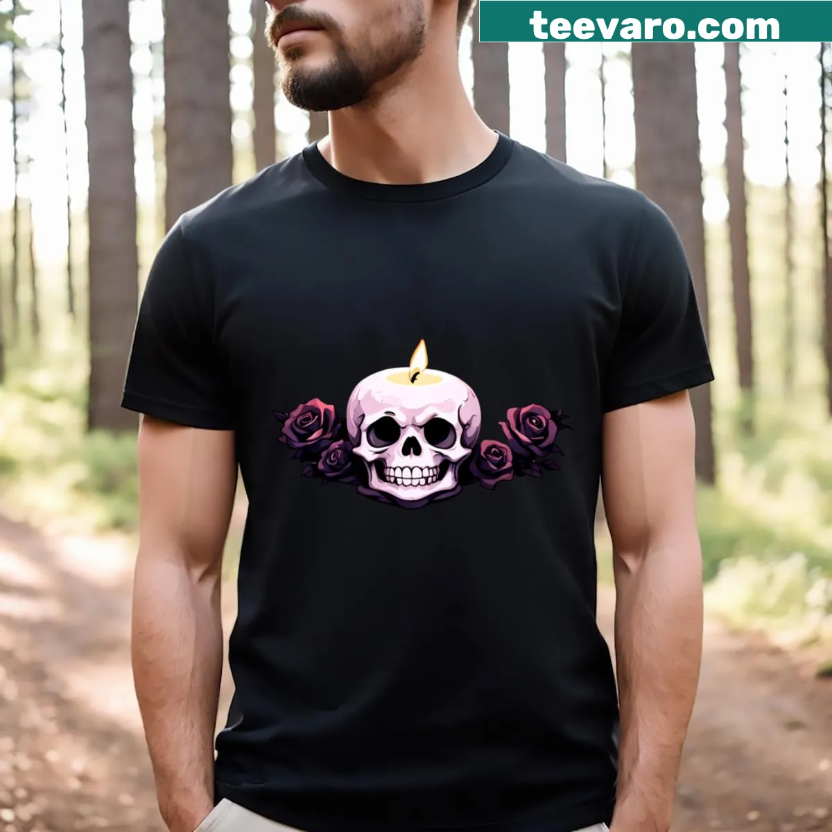 Illustrative T-shirt featuring a skull and candle design — on a men's t-shirt