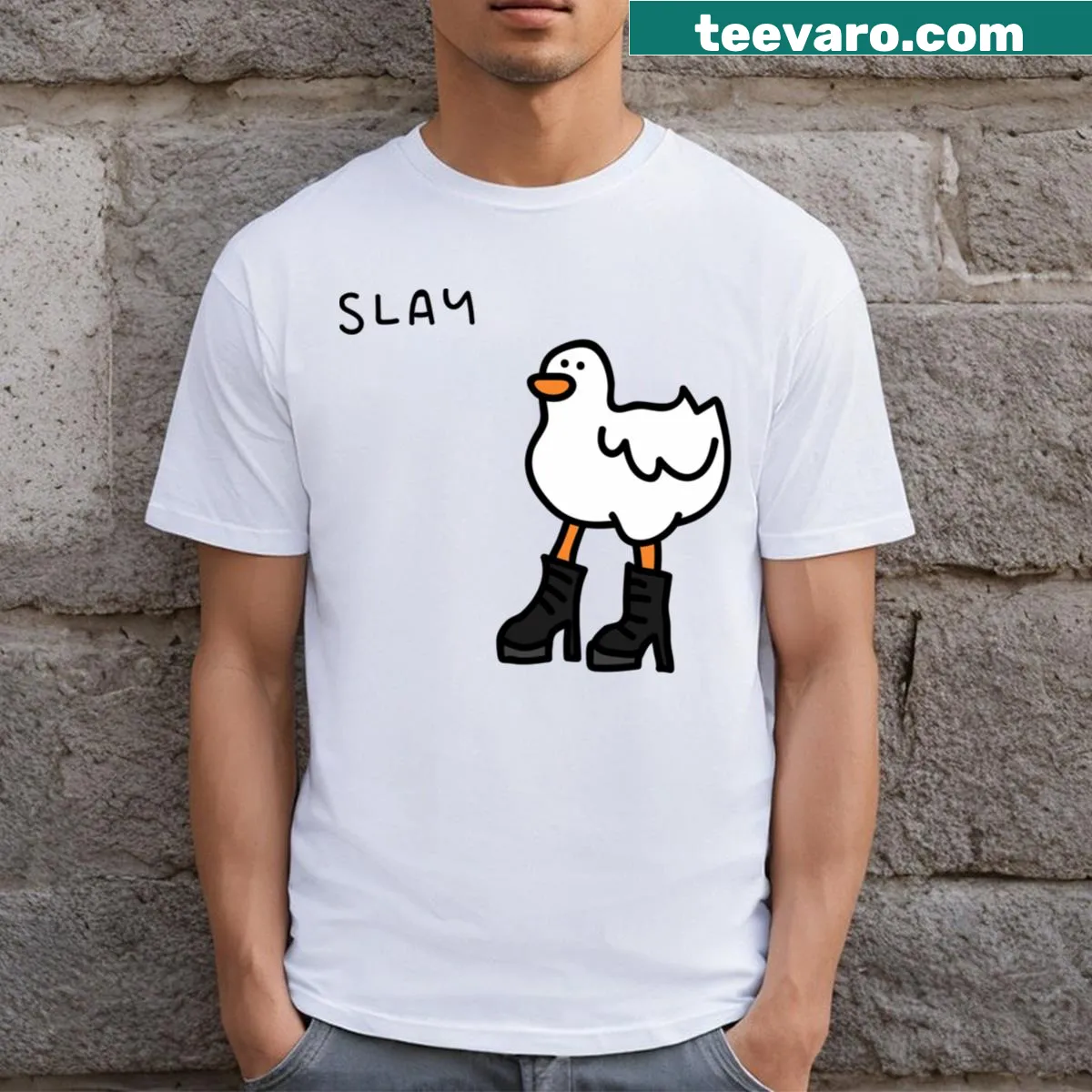 Bold 'Slay' typography graphic on a casual t-shirt — on a men's t-shirt