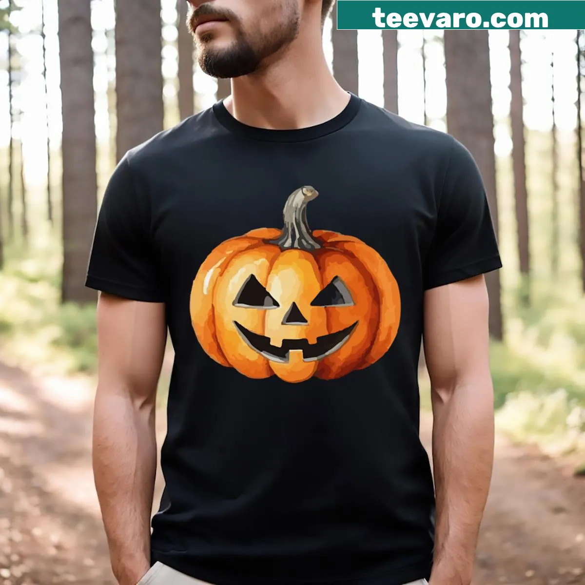 Illustrated spooky pumpkin graphic on a t-shirt — on a men's t-shirt