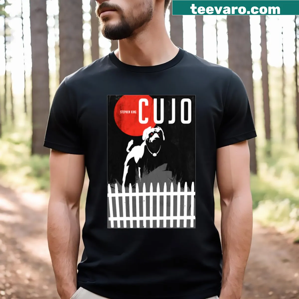 T-shirt featuring classic Cujo movie poster art for horror fans. — on a men's t-shirt