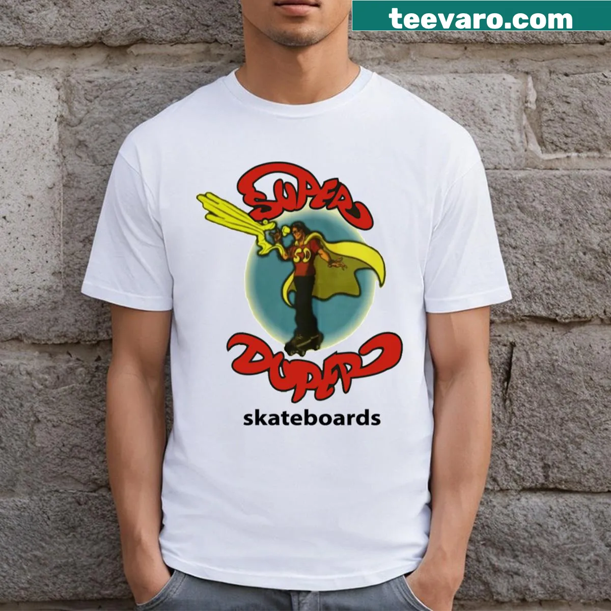Energetic skateboard-themed t-shirt with bold typography. — on a men's t-shirt
