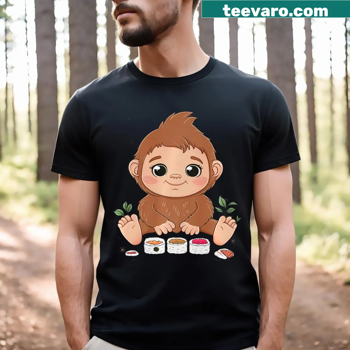 Kawaii-style Sasquatch character happily eating sushi on kids t-shirt — on a men's t-shirt