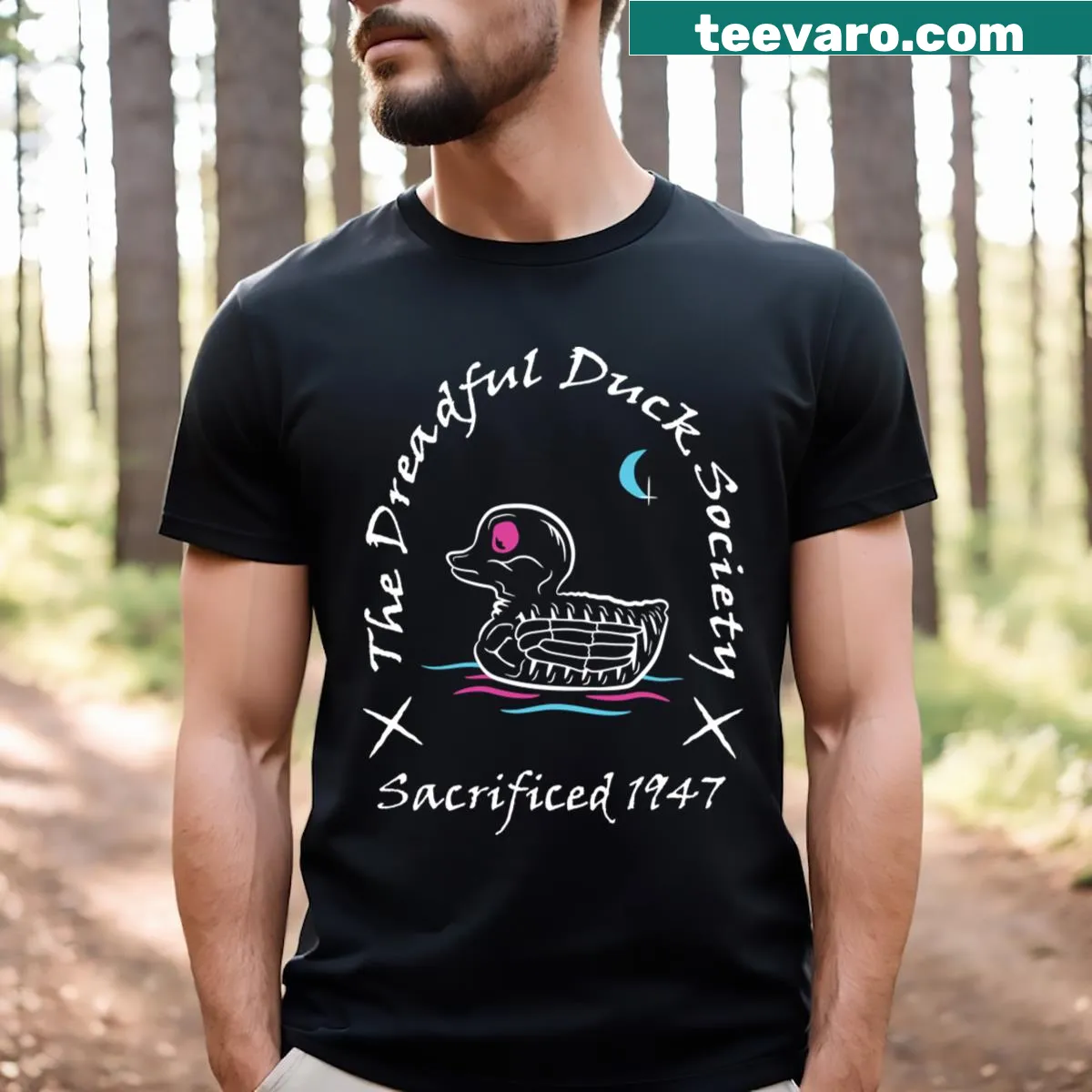 Vintage-style duck graphic on both sides of a playful t-shirt — on a men's t-shirt