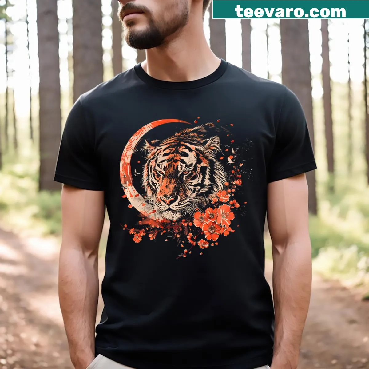 Illustrated t-shirt featuring a tiger and cherry blossoms in vintage style — on a men's t-shirt