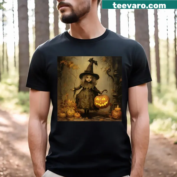 Cute witch graphic with pumpkins and bats for Halloween