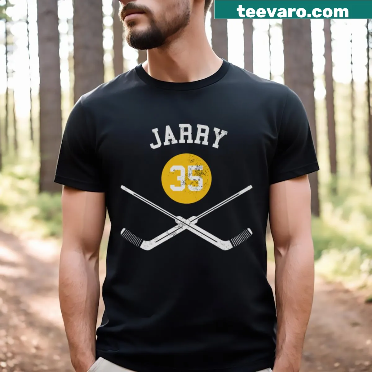 Pittsburgh Penguins t-shirt featuring Tristan Jarry and goalie sticks — on a men's t-shirt