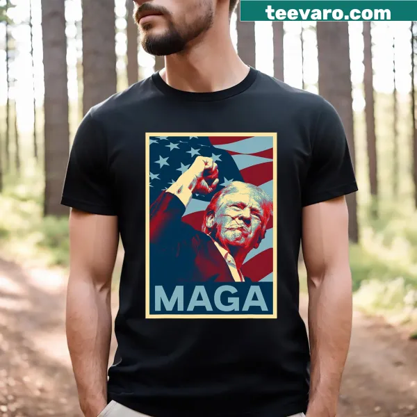 Vintage-style t-shirt with fist pump graphic and US flag for Trump 2024