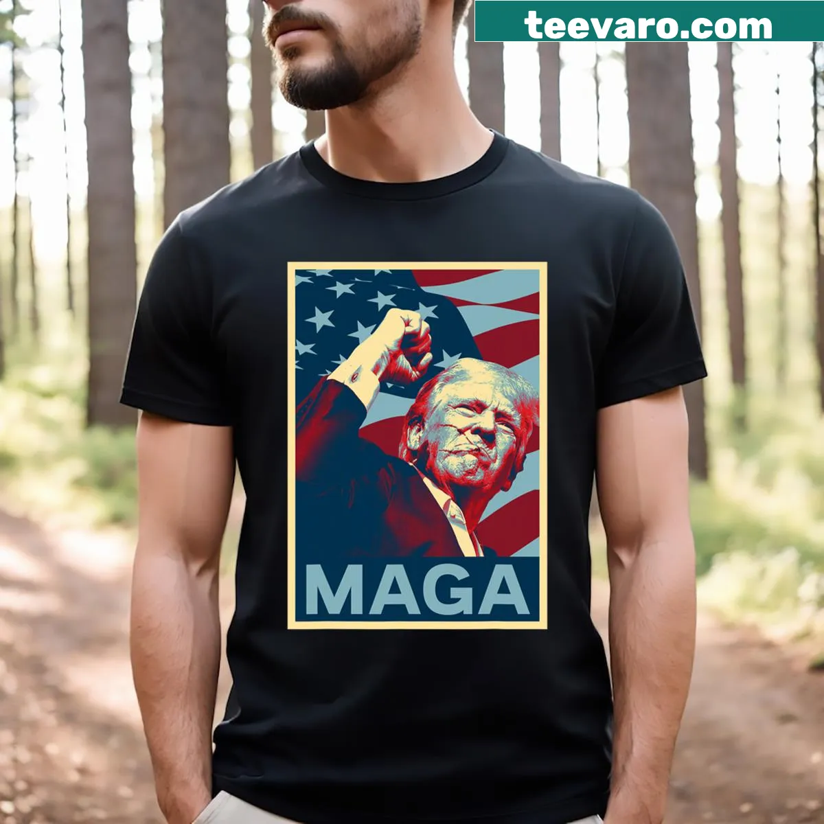 Vintage-style t-shirt with fist pump graphic and US flag for Trump 2024 — on a men's t-shirt