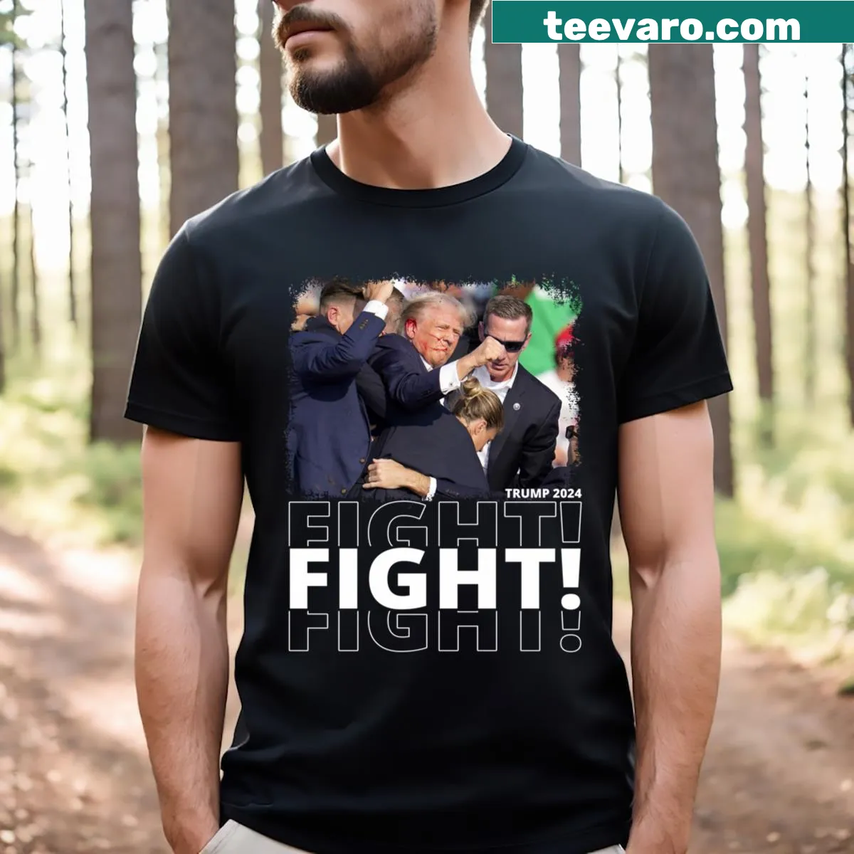 Political t-shirt with 'Trump Fight Fight Fight' text — on a men's t-shirt