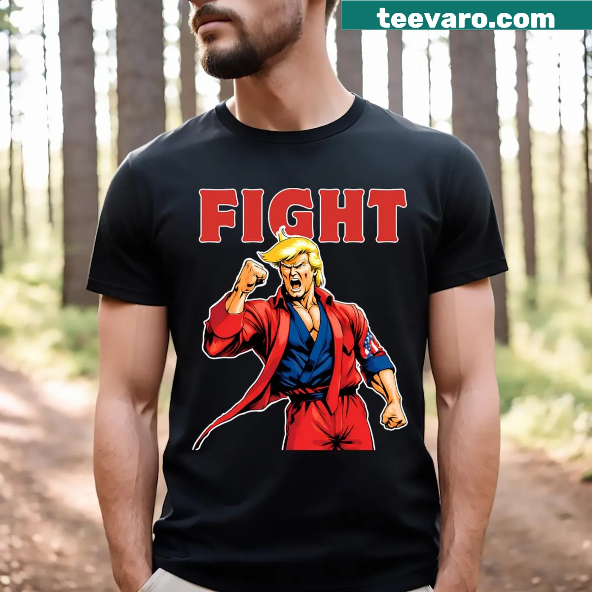 Anime-inspired political t-shirt with 'Trump Fight Like Hell' text — on a men's t-shirt