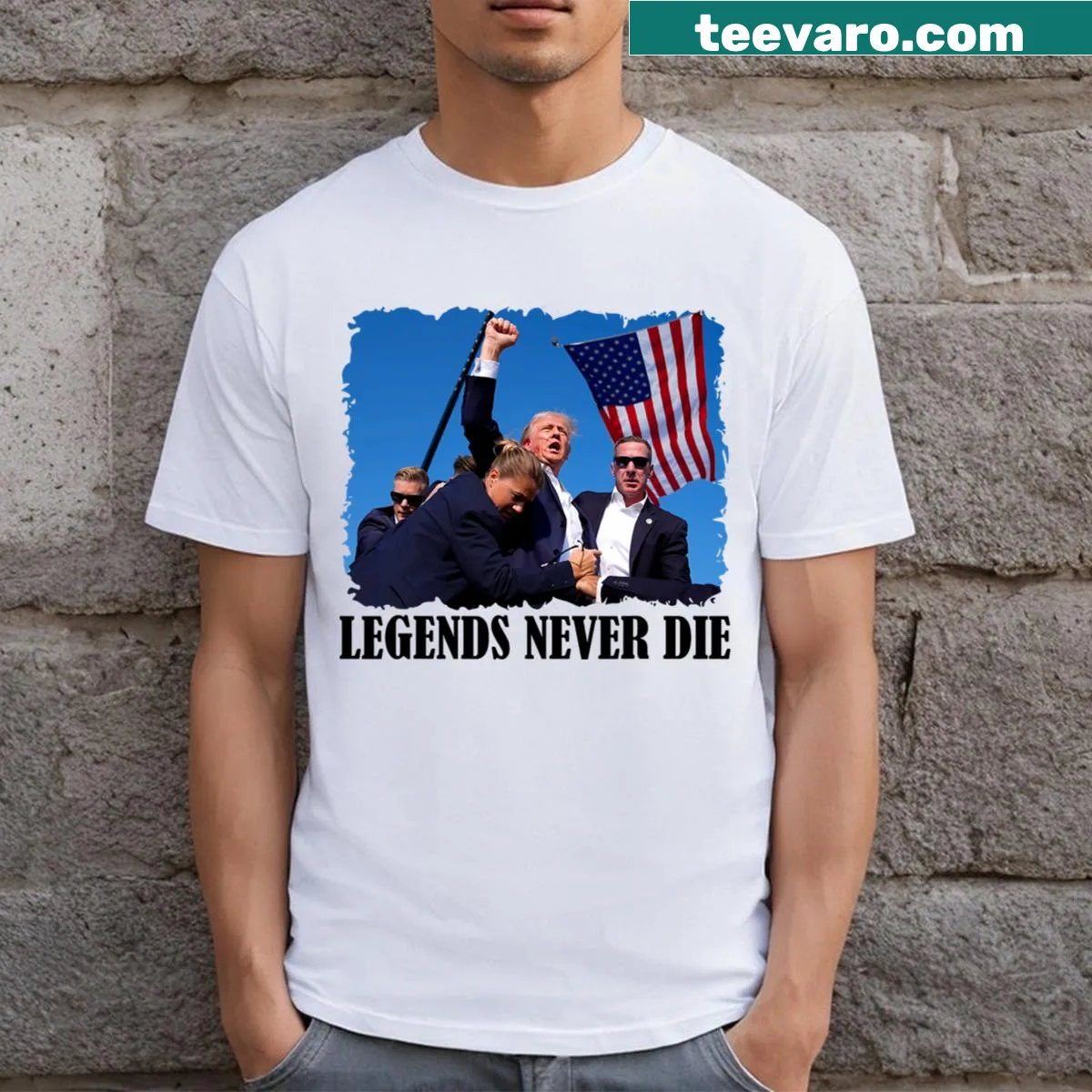 Vintage-style T-shirt with U.S. flag and 'Legends Never Die' — on a men's t-shirt