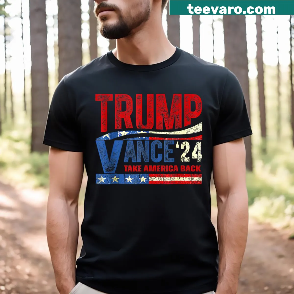 Retro stripe Trump and J.D. Vance graphic T-shirt — on a men's t-shirt