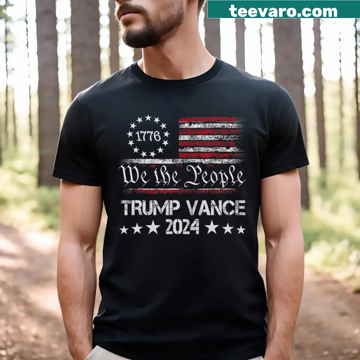 Funny vintage-style t-shirt with US flag and Trump Vance design — on a men's t-shirt