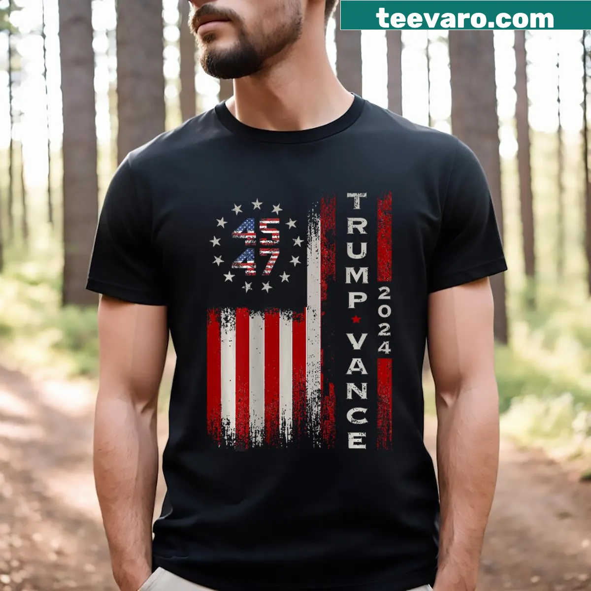 Subdued vertical flag Trump Vance 2024 T-shirt — on a men's t-shirt
