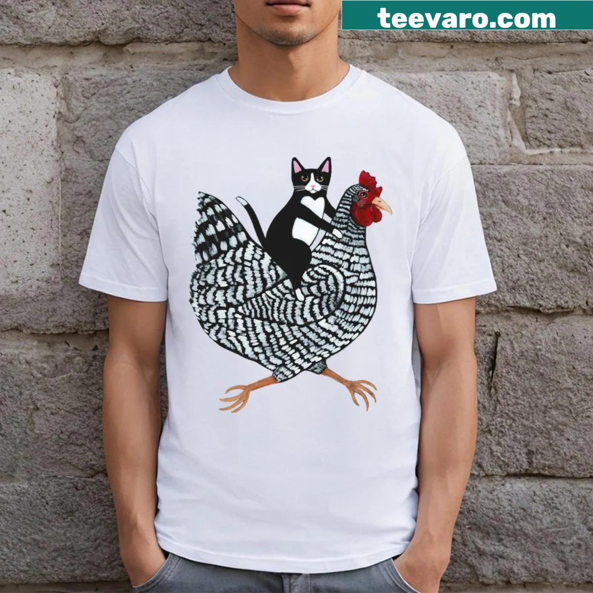 Whimsical illustration of a tuxedo cat on a chicken — on a men's t-shirt
