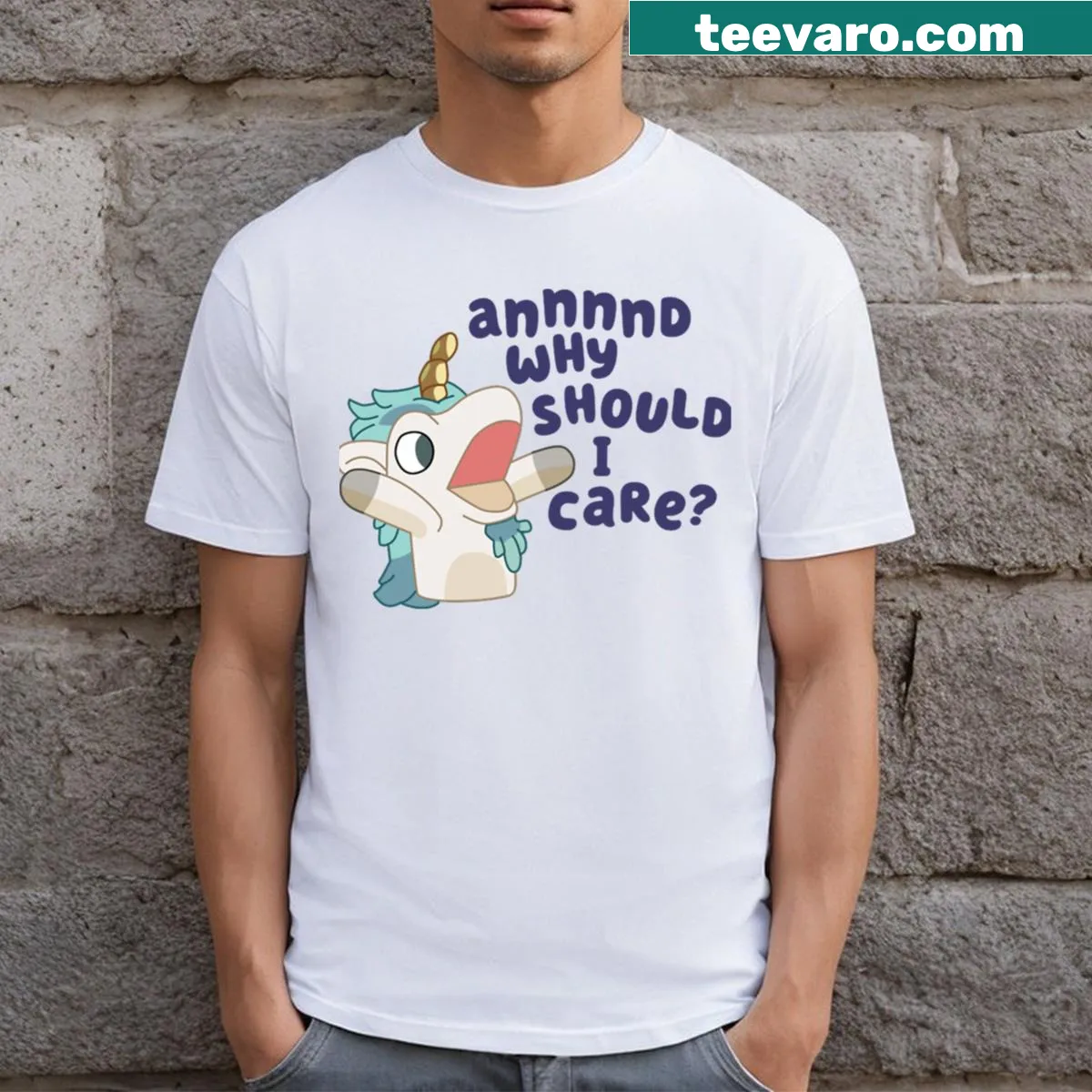 Playful unicorn-horse hybrid graphic on a t-shirt — on a men's t-shirt