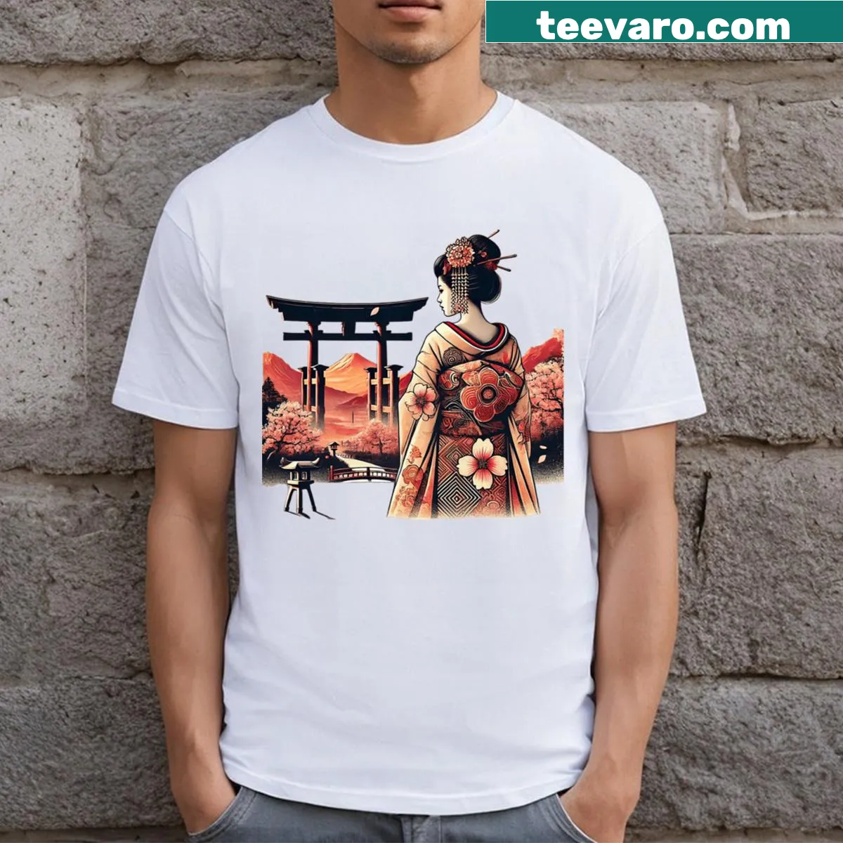 Vintage T-shirt with Japanese art of a floral gate and geisha — on a men's t-shirt