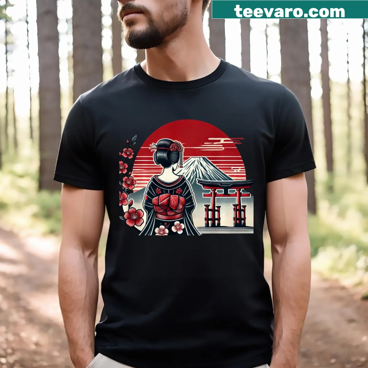 Vintage T-shirt featuring Japanese art of a floral sunset and geisha — on a men's t-shirt
