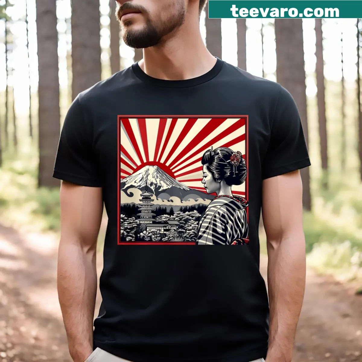 Vintage T-shirt featuring Japanese art of Mount Fuji and a floral geisha — on a men's t-shirt
