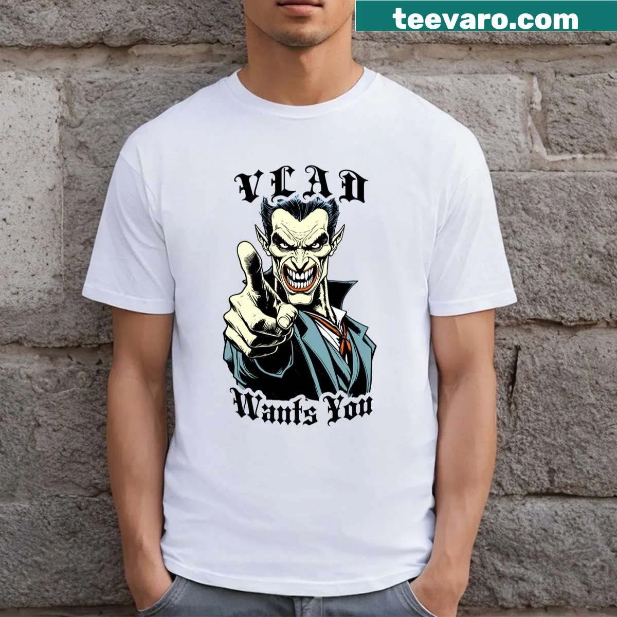 Funny vampire recruitment graphic T-shirt — on a men's t-shirt