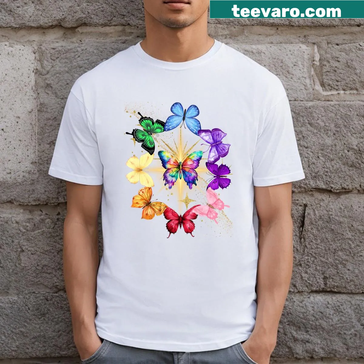 Whimsical butterfly design t-shirt with sparkles — on a men's t-shirt