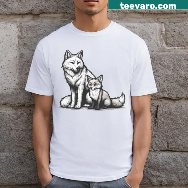 Wolf and fox graphic on a nature-themed tee