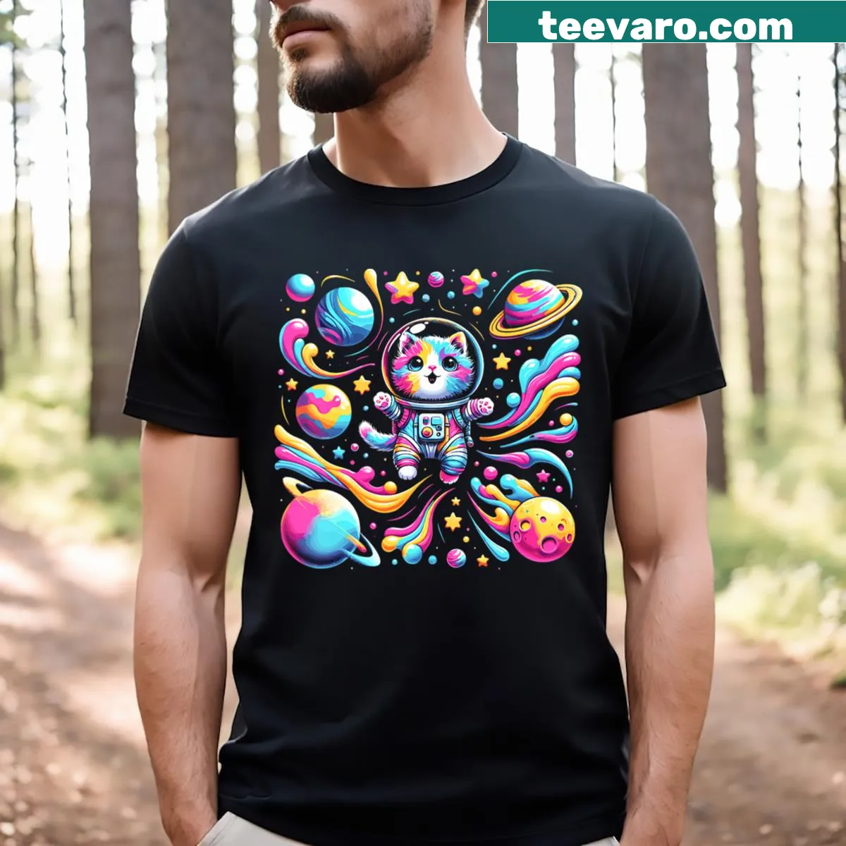 Astro kitty in space graphic on a V-neck T-shirt — on a men's t-shirt