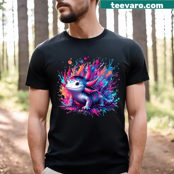 Axolotl art design on a V-neck t-shirt with paint splashes