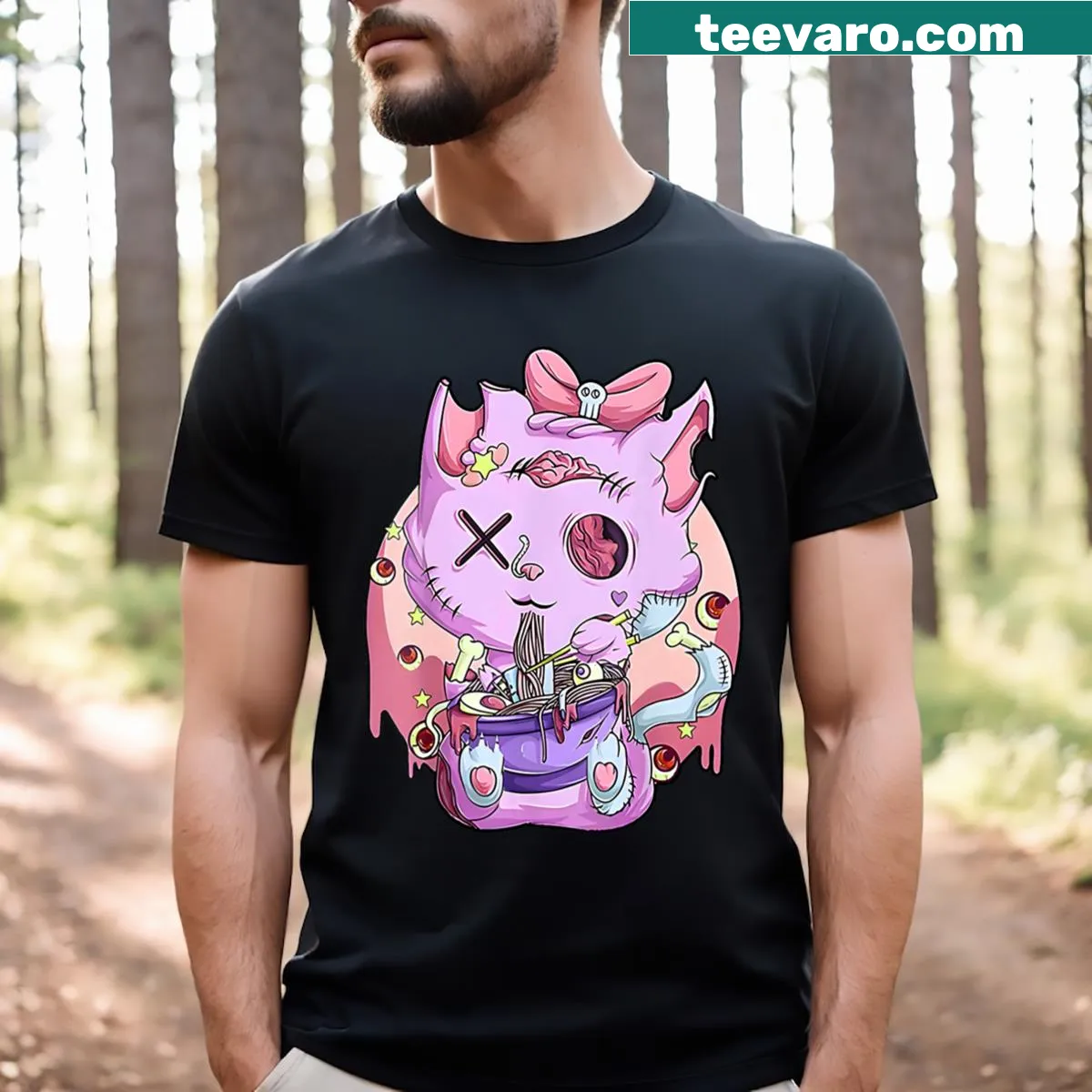 Kawaii cat graphic enjoying ramen noodles — on a men's t-shirt