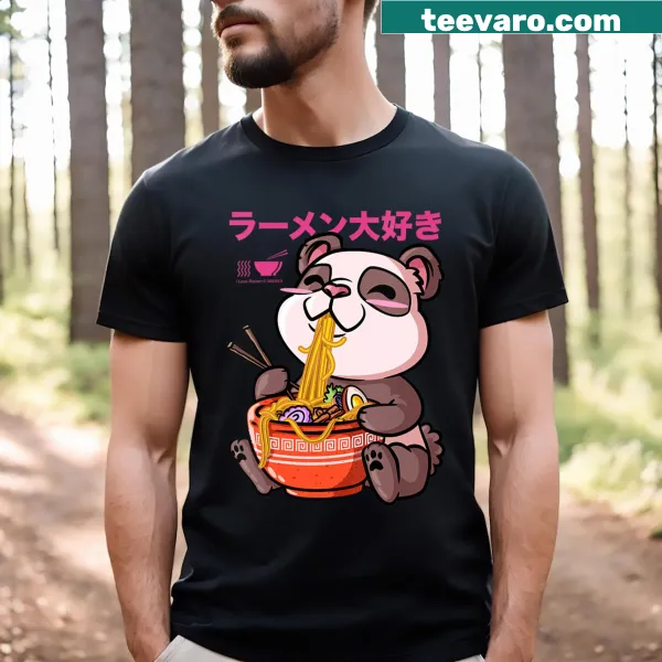 Kawaii panda enjoying ramen in a bowl graphic on a V-neck T-shirt