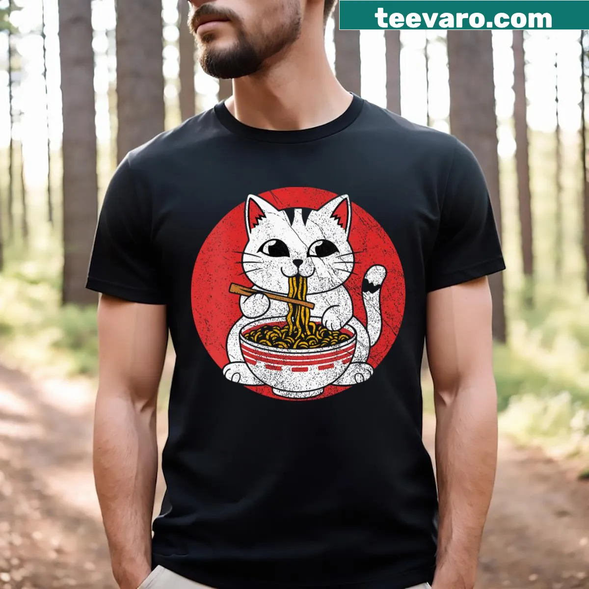 Playful ramen cat design on women's V-neck t-shirt — on a men's t-shirt