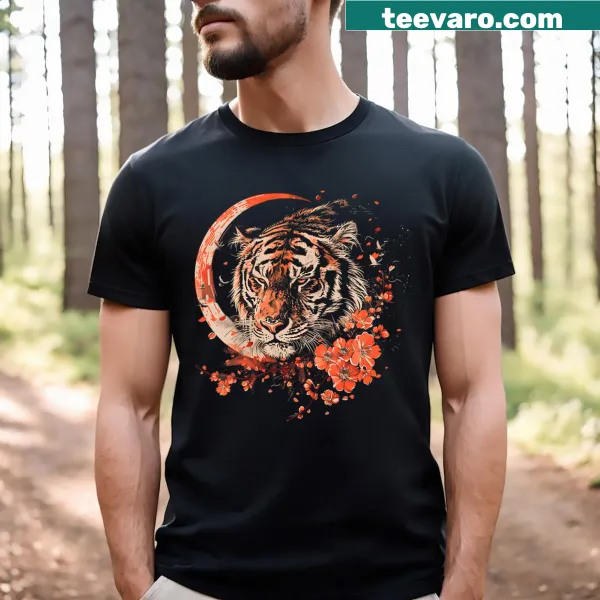 Vintage-style tiger and cherry blossom graphic on women's V-neck T-shirt