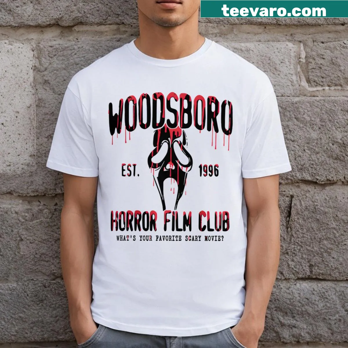Graphic featuring Woodsboro Horror Club design — on a men's t-shirt